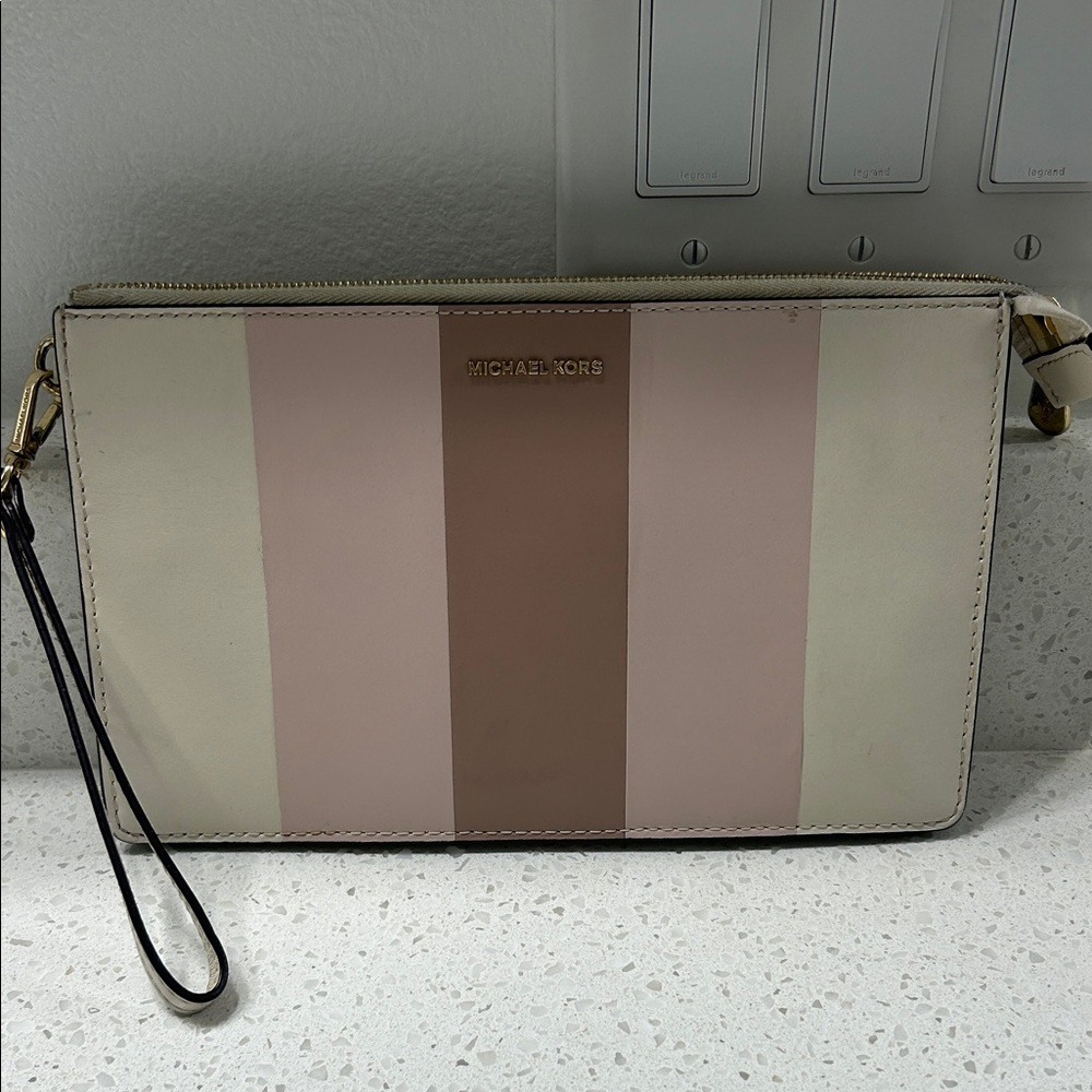 Michael Kors Beige and Pink Striped Wristlet